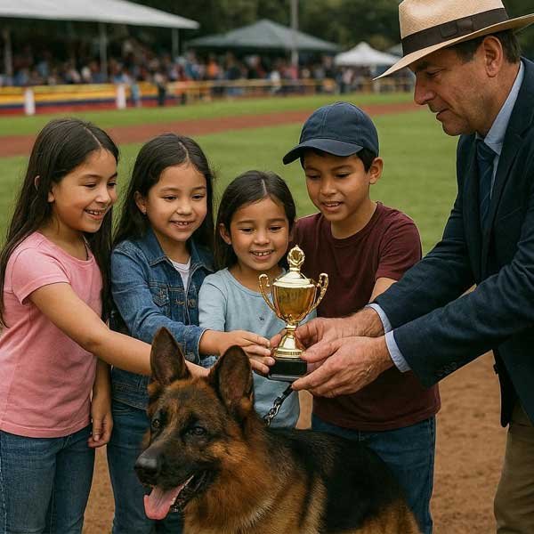 Niños pastor alemán y trofeo